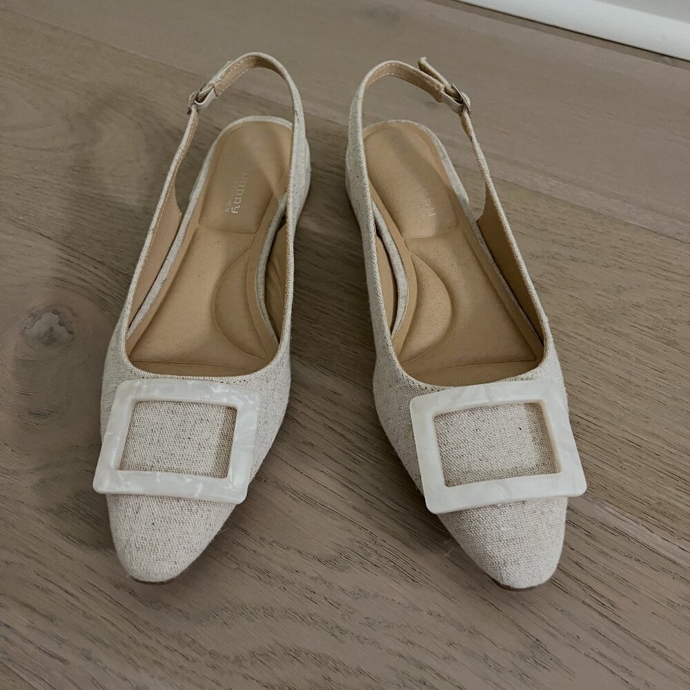 Women's Linen Cream, Sling back, Flats with Buckle, Size 6.5